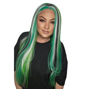 Green and Black Highlights Synthetic Glueless Lace Front Wig